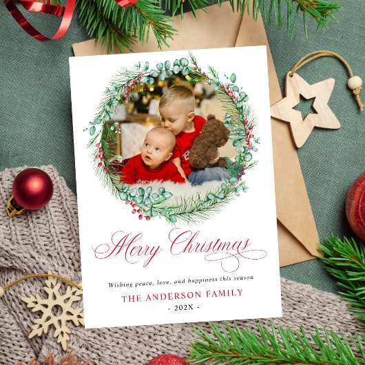 Modernes Watercolor Wreath Bow Foto Weihnachten