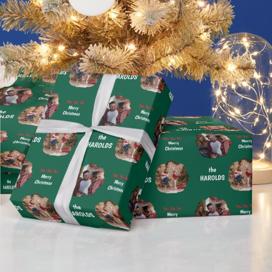 Modernes Weihnachts-Custom-Family-Foto Grün Geschenkpapier (Feiertage)