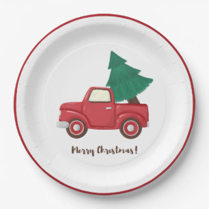 Modernes Weihnachtsauto mit Weihnachtsbaum Cla Pappteller