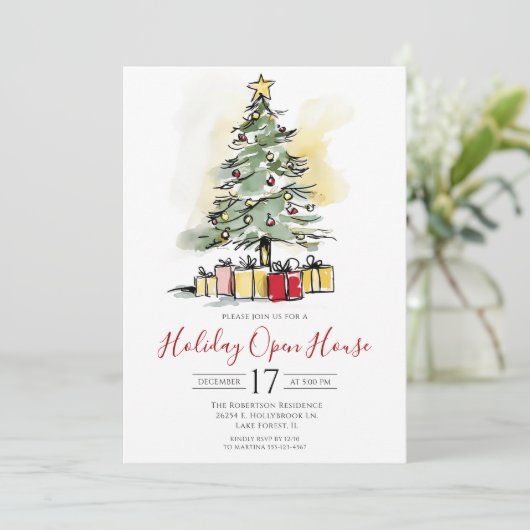 Modernes Weihnachtsbaum-Open House Einladung (Stehend Vorderseite)