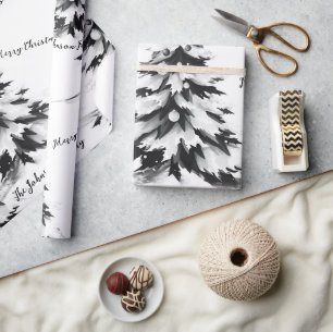 Modernes Weihnachtsbaum Schwarz-weiße Wasserfarben Geschenkpapier