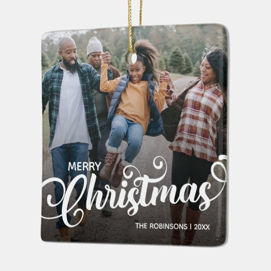 Modernes Weihnachtsfamilien-Foto Keramikornament (Links)