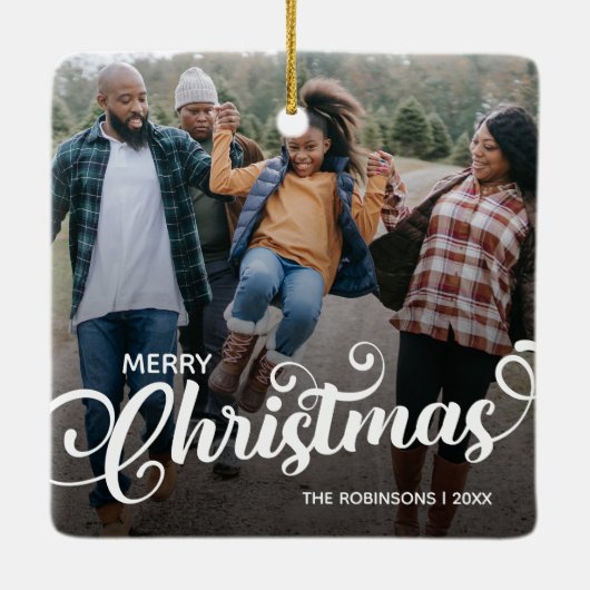 Modernes Weihnachtsfamilien-Foto Keramikornament (Rückseite)