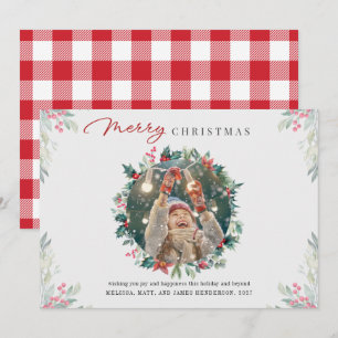 Modernes WeihnachtsFoto Gingham Botanisch Feiertagskarte