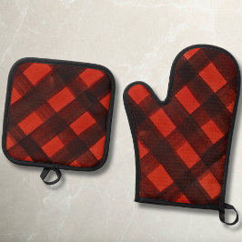 Modernes Weihnachtsgebälliges Kariertes Tartan Ofenhandschuh & Topflappen-Set