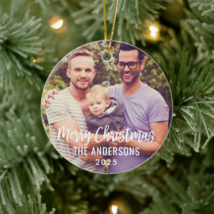 Modernes Weihnachtsskript Custom Family Foto Keramik Ornament