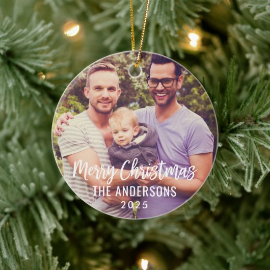 Modernes Weihnachtsskript Custom Family Foto Keramik Ornament (Baum)