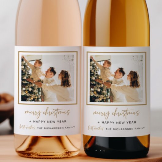 Modernes Weihnachtsweinflaschen Foto Geschenk Gold Weinetikett