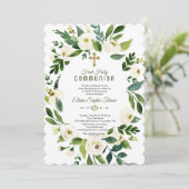 Modernes Weiß-Blumenreath Heilige Kommune Einladung (Stehend Vorderseite)