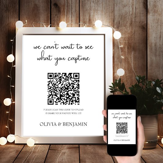 Modernes Weiß | Hochzeitsstichtag-Foto QR-Code-Zei Poster