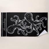 Modernes Weißer Oktopus Schwarz Strandtuch (Vorderseite)