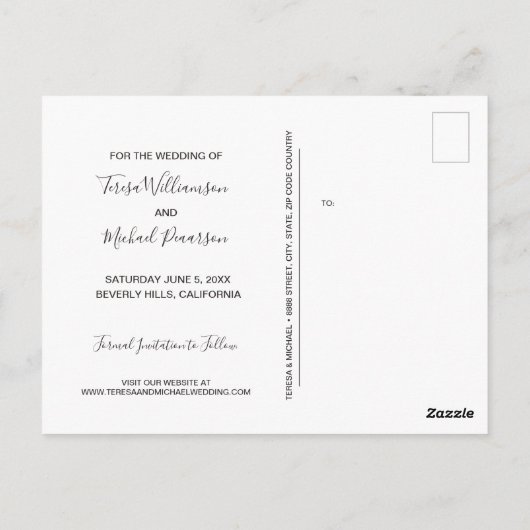 Modernes, weißes, elegantes Script-Save the Date F Postkarte (Rückseite)