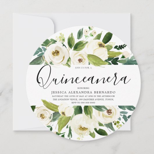 Modernes Weißes Florales Grünes Party Quinceanera Einladung (Vorderseite)