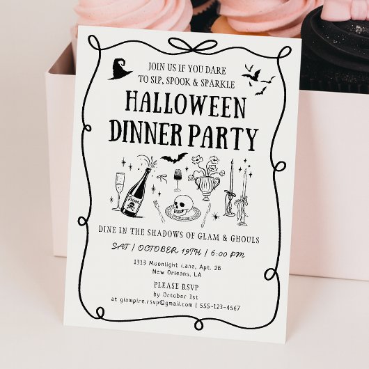 Modernes, weißes Halloween-Abendessen mit Boos & B Einladung