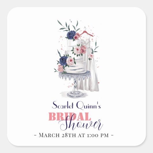 Modernes, weißes Hochzeitskleid mit Kuchen Quadratischer Aufkleber (Vorderseite)