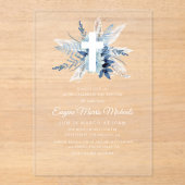 Modernes, weißes, kreuz-blaues Blumendekor Acryleinladungen (Vorderseite)