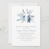 modernes weißes kreuz-blaues Blumengestein Einladung (Vorderseite)