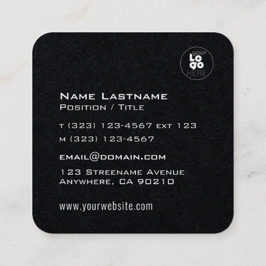 Modernes, weißes Logo auf der schwarzen Maskuline Quadratische Visitenkarte (Rückseite)