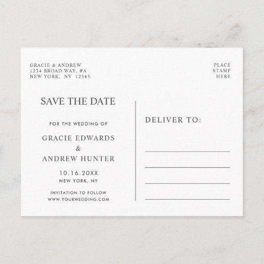 Modernes weißes Marmor Save the Date Ankündigungspostkarte (Rückseite)