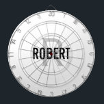 Modernes, weißes Monogramm-Namenspappe Dartscheibe<br><div class="desc">Moderne,  weiße Dartplatte mit schwarzem Typografienamen und grauem Monogramm. Personalisieren Sie mit Name und Initial.</div>