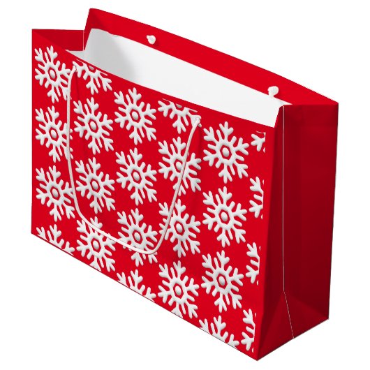 Modernes, weißes Schneeflocken rot Große Geschenktüte (Vorderseite Schrägansicht)