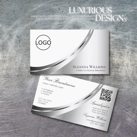 Modernes weißes Silber-Dekor mit Logo und QR-Code Visitenkarte