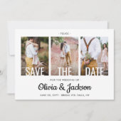 Modernes Weißes Typografie-Overlay Vier-Foto-Hochz Save The Date (Vorderseite)