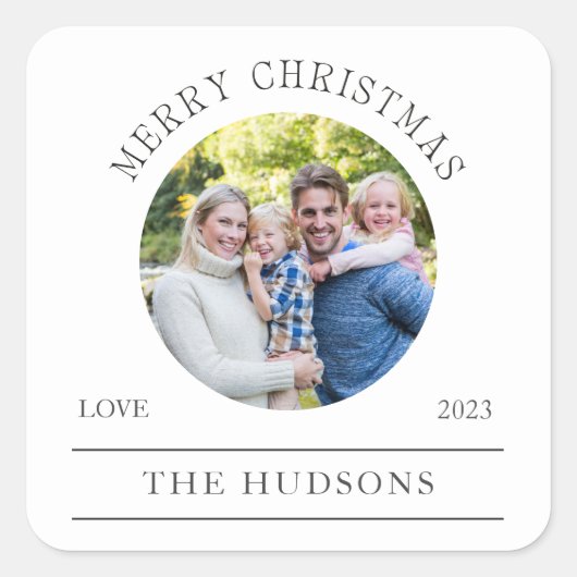 Modernes Weißes Weihnachts-Foto Quadratischer Aufkleber (Vorderseite)