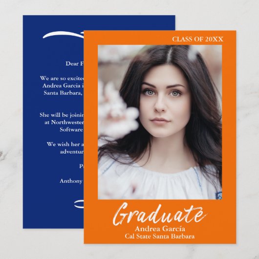 Modernes Weißtext Orange Blue Graduate Foto Ankündigung (Vorne/Hinten)
