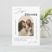 Modernes White Arch 2 Fotos Minimal QR Code Hochze Einladung (Stehend Vorderseite)