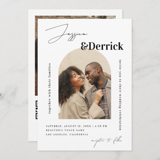 Modernes White Arch 2 Fotos Minimal QR Code Hochze Einladung (Vorne/Hinten)