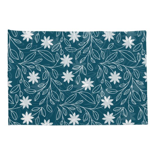 Modernes White Blumen Leaf Aquamarin Blue Kissenbezug (Rückseite-Rechts)