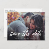 Modernes White Brush Script-Foto Save the Date Ankündigungspostkarte (Vorne/Hinten)