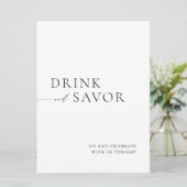 Modernes White Drink & Savor Wedding Bar Sign Einladung (Stehend Vorderseite)