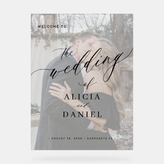 Modernes White Foto Drehbuch Hochzeitsempfang Zeic Acrylschild (Vorderseite)