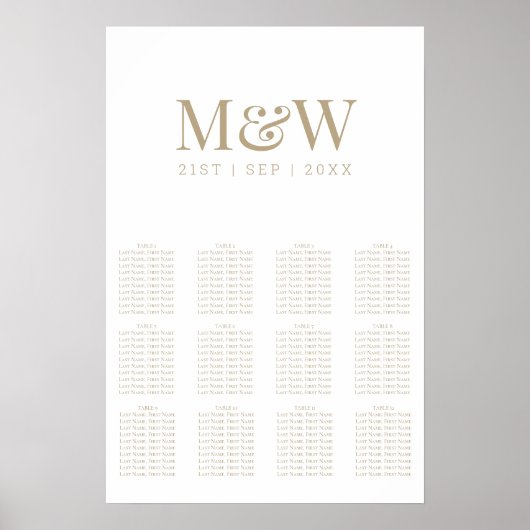 Modernes White Gold Monogram Seating Chart Poster (Vorne)