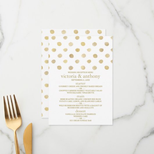 Modernes White & Gold Polka Dots Wedding Menü Menükarte (Vorderseite/Rückseite Beispiel)