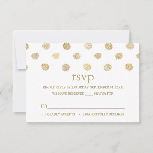 Modernes White & Gold Polka Dots Wedding RSVP Karte (Vorderseite)
