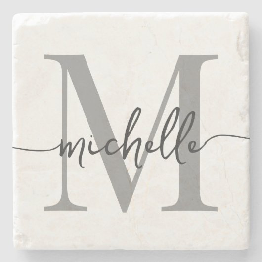 Modernes White Gray Monogram Name Elegantes Script Steinuntersetzer (Vorderseite)