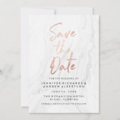 Modernes White Marble Rose Gold Script Save the Da Date (Vorderseite)