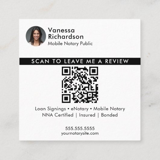 Modernes White Review QR Code Notary Foto Vielen D Quadratische Visitenkarte (Rückseite)