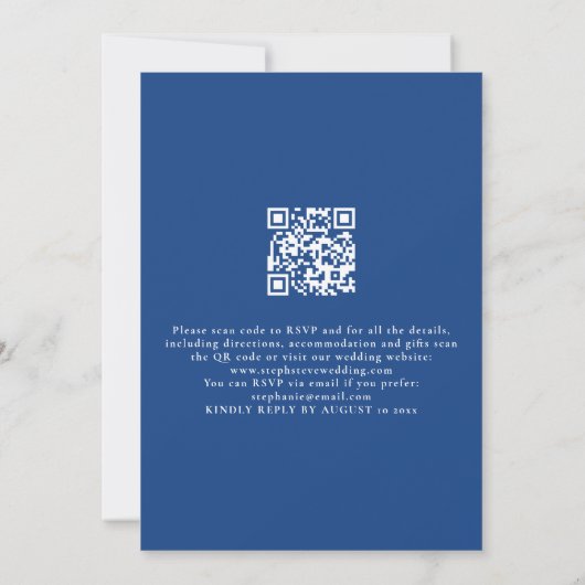 Modernes White Script Blue QR Code Hochzeit Einladung (Rückseite)