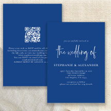 Modernes White Script Blue QR Code Hochzeit