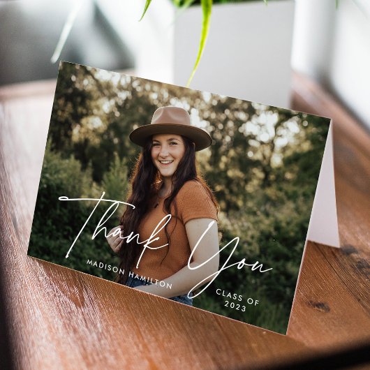 Modernes White Script Foto Abschluss Dankeskarte