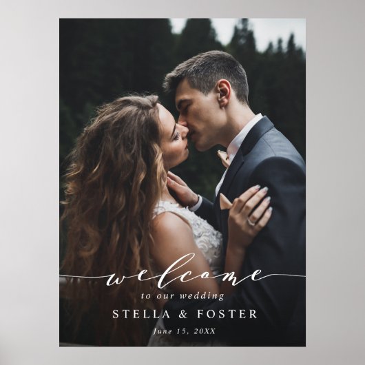 Modernes White Script Foto Hochzeitszeichen Poster (Vorne)