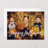 Modernes White Script Happy Halloween Postkarte (Vorne/Hinten)