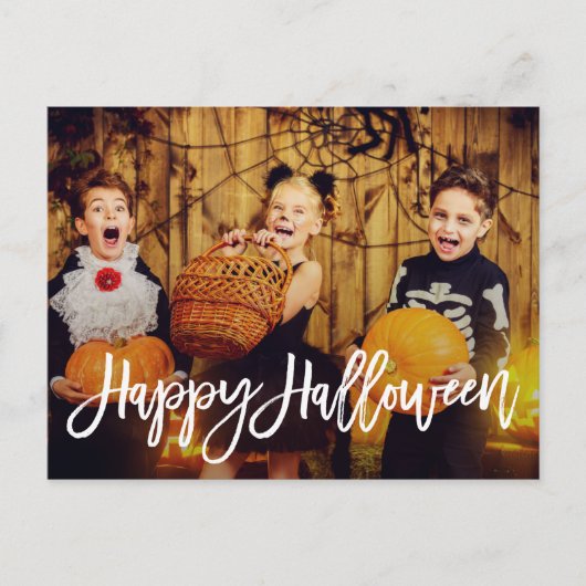 Modernes White Script Happy Halloween Postkarte (Vorderseite)