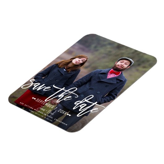 Modernes White Script Save the Date Hochzeitsskrip Magnet (Linke Seite)