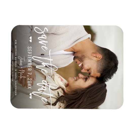 Modernes White Script Save the Date Hochzeitsskrip Magnet (Horizontal)