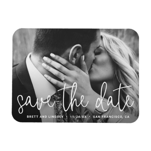 Modernes White Script Typografy Foto Save the Date Magnet (Horizontal)